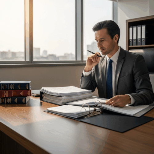 Home 2 A lawyer reviewing legal documents at a desk in a bright office. -- no text | no logo | no watermark | no CGI | photorealistic