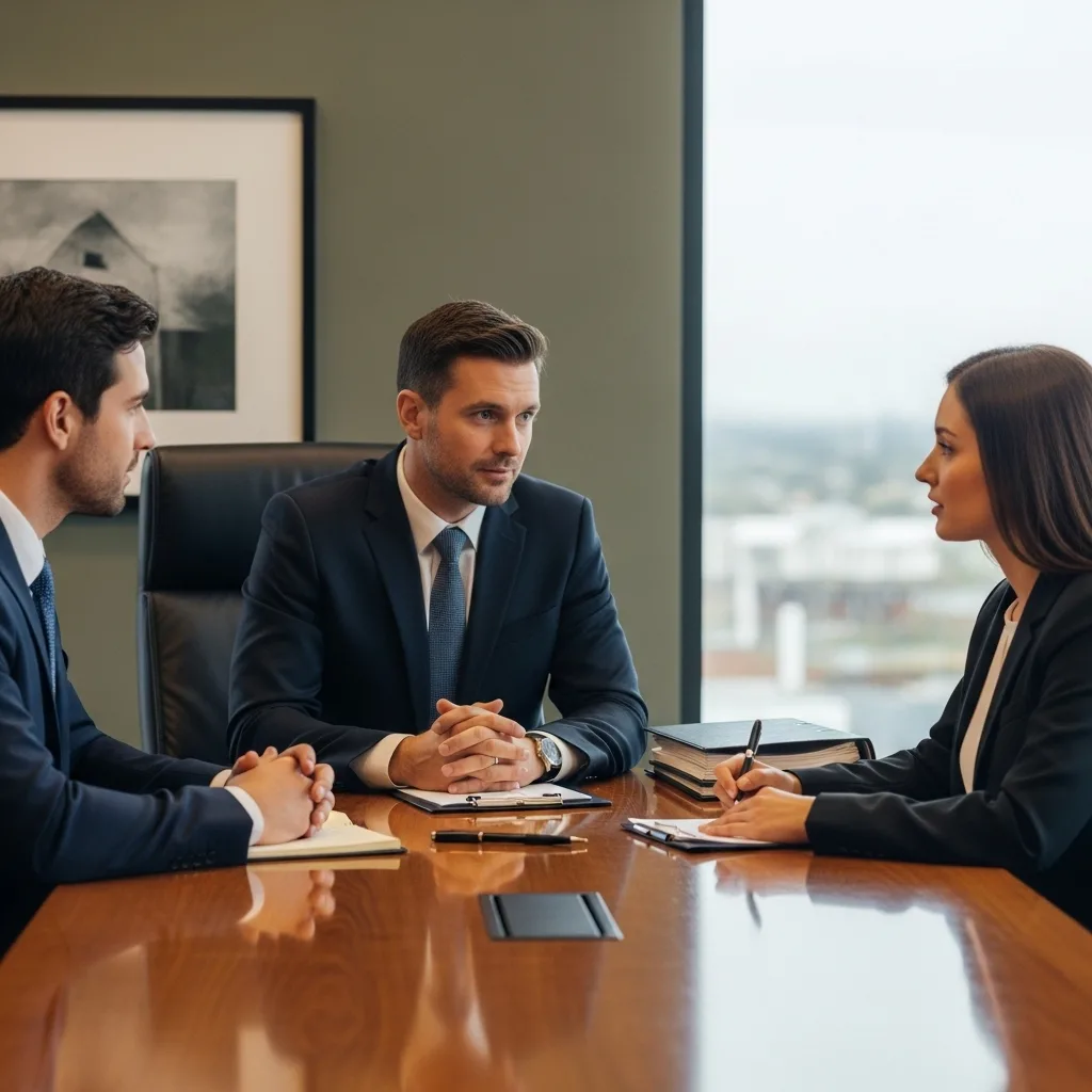 A family lawyer speaking with clients in a professional meeting room. -- no text | no logo | no watermark | no CGI | photorealistic